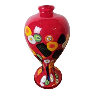 Vintage MCM Murano-Style, Millefiori Hand Blown Red Art Glass Vase For Sale