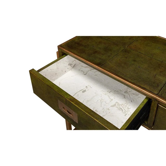 Green Modern Campaign Green Leather Wrapped Console Table For Sale - Image 8 of 11