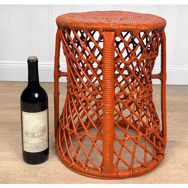 Boho Chic Vintage Boho Orange Wicker Round Plant Stand For Sale - Image 3 of 11