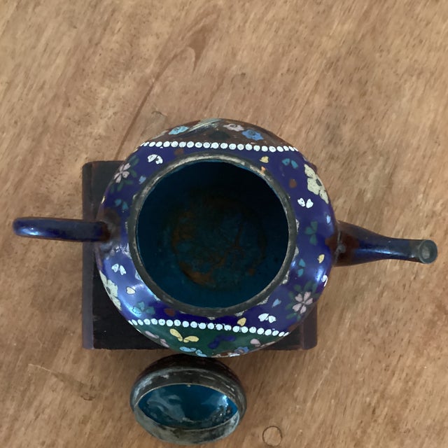 19th Century Antique Japanese Cloisonné Meiji Period Teapot Phoenix Motif, Blue Enamel Body on Wood Base For Sale - Image 5 of 12