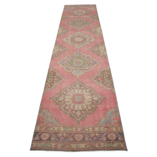Rose 1960s Traditional Turkish Runner Rug Hand Knotted Distressed Low Pile Pink Hallway Decor For Sale - Image 8 of 13