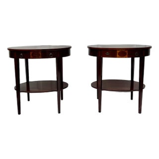 1940s Mersman Mid Century Mahogany Inlaid Wood Side Tables - Set of 2 For Sale