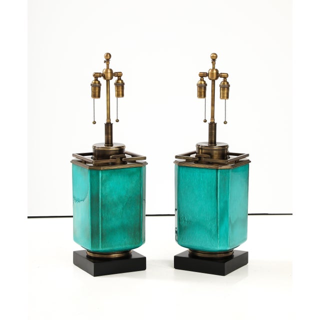 Jade 1960's Large Ceramic Lamps With a Jade Crackle Glaze Finish by Stiffel - a Pair For Sale - Image 8 of 11