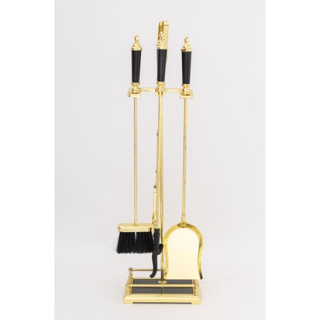 Modern Brass and Black Marble Fireplace Tool Set, comprising: shovel, poker, brush, tongs, and stand. 33" H x 9" W x 6.5"...