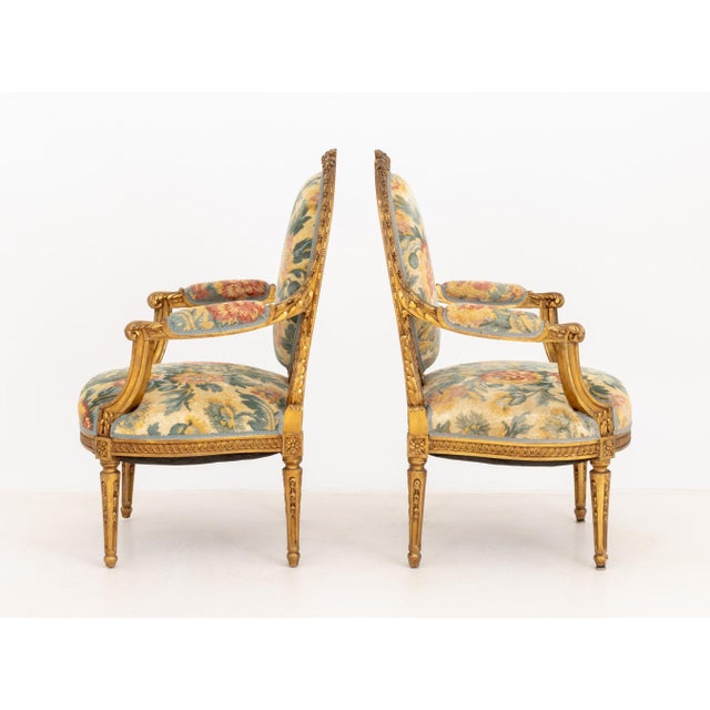French Pair of Louis XVI Style Tapestry Upholstered Giltwood Fauteuils For Sale - Image 3 of 12
