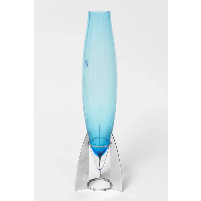 Metal Marcello Furlan Murano Lip Blue Glass Rocket Vase For Sale - Image 7 of 11