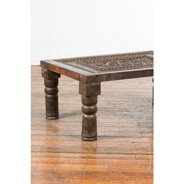 Indian 19th Century Small Wooden Coffee Table with Carved Floral Motifs For Sale - Image 4 of 13