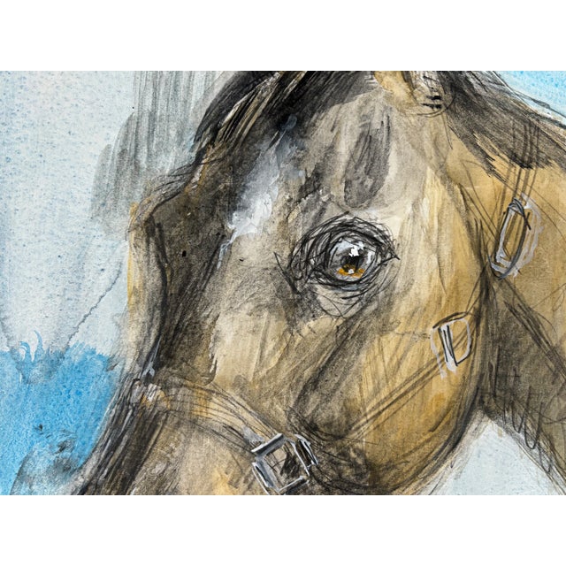 1990s 1990s "Horse Portrait Study on Blue" Abstract Horse Art Mixed Original Media Watercolor on Paper For Sale - Image 5 of 7