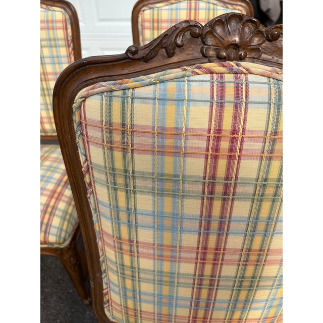 Late 20th Century Vintage French Style Wood and Plaid Upholstered Dining Chairs- A Set of 6 For Sale - Image 5 of 11