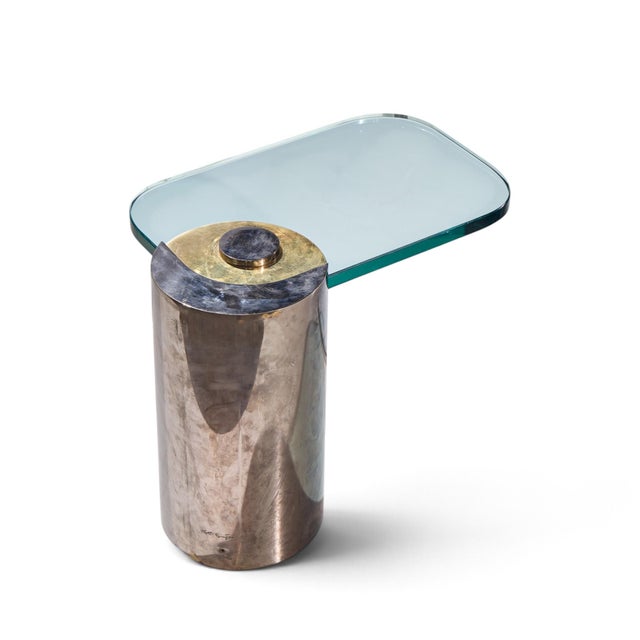 Metal Karl Springer Mid Century Sculpture Leg Gunmetal and Glass Side Table For Sale - Image 7 of 8