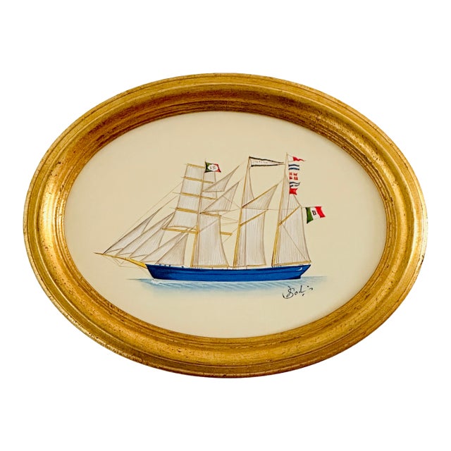Original Hand-Painted Sailboat Painting in a Vintage Italian Frame For Sale