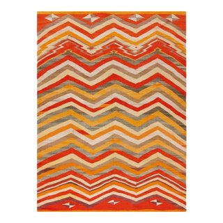 1880s Multicolor Chevron Antique American Navajo Rug 5'5" X 7'2" Flatweave Wool Carpet For Sale
