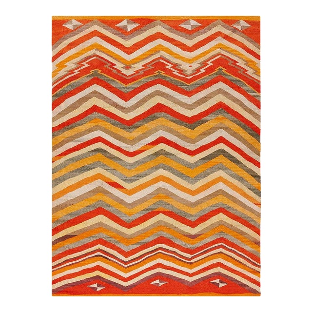 1880s Multicolor Chevron Antique American Navajo Rug 5'5" X 7'2" Flatweave Wool Carpet For Sale
