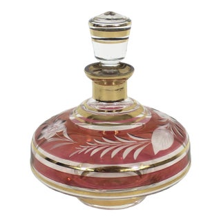 Vintage Bohemian Cut Cranberry and Gold Glass Bottle With Stopper For Sale