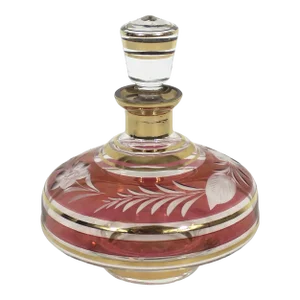 Vintage Bohemian Cut Cranberry and Gold Glass Bottle With Stopper