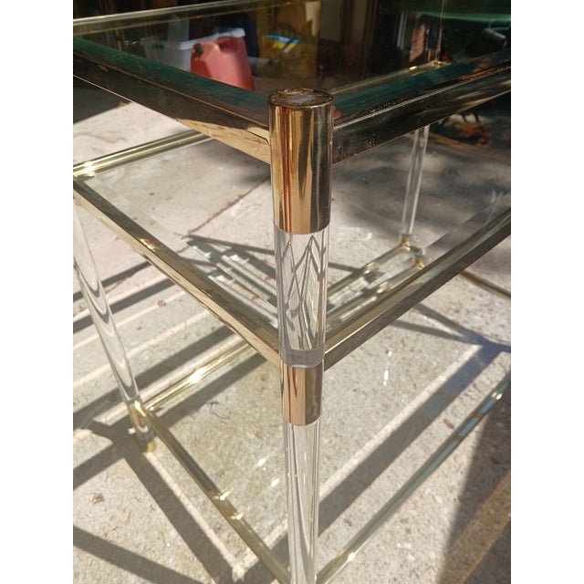 Vintage Brass and Lucite Glass 3 Shelf Table, in Manner of Charles Hollis-Jones For Sale - Image 6 of 14