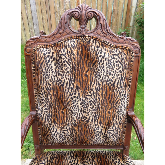 Victorian Antique Carved Wood Spanish Revival Arm Throne Chair W/ Leopard Tiger Jungle Cat Velvet Upholstery For Sale - Image 3 of 17