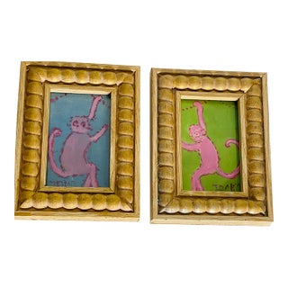 Pair Mini Monkey Jocko Whimsical Paintings For Sale