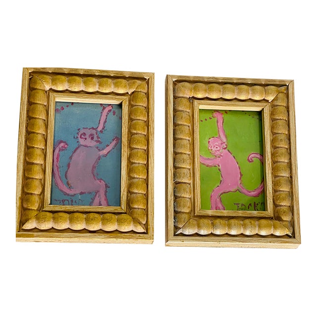 Pair Mini Monkey Jocko Whimsical Paintings For Sale