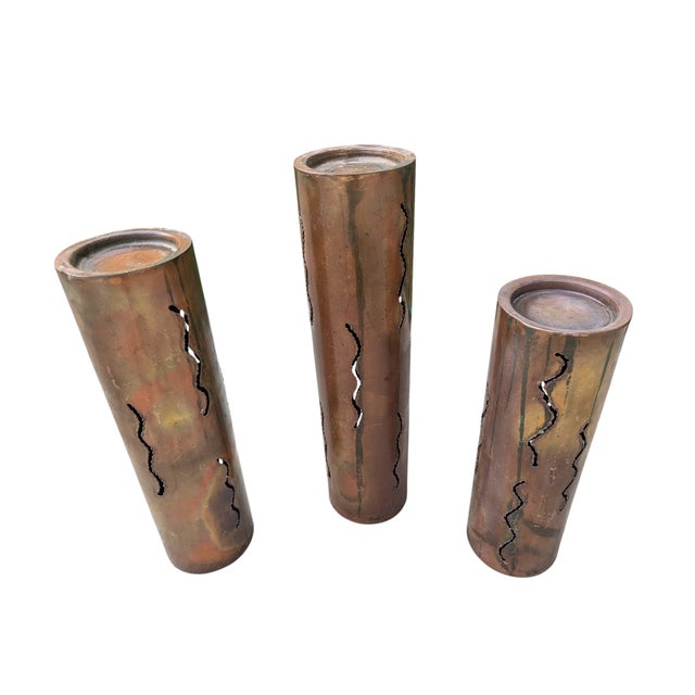 Copper 1960s Brutalist Torched Cut Copper Metal Pillar Candle Holders-Set of 3 For Sale - Image 8 of 12