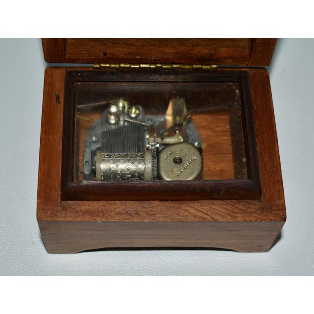 Vintage Small Brass Inlaid Wooden Music Box For Sale - Image 11 of 13