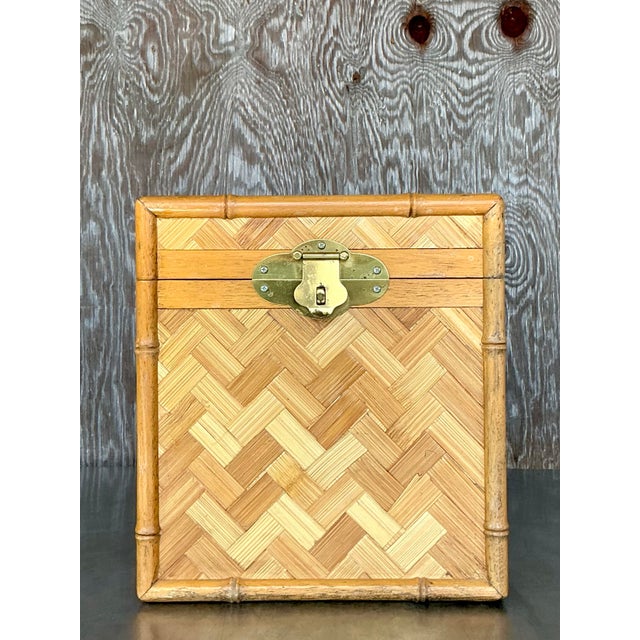 Late 20th Century Vintage Boho Parquet Rattan Lidded Box For Sale - Image 5 of 12