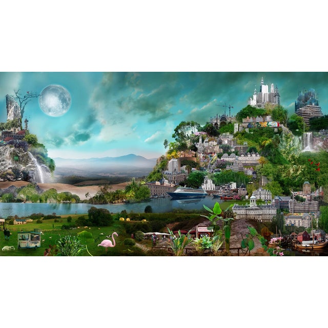 Under the Moon by Mariska Karto | Hyperphotocollage on metal landscape with buildings and nature For Sale