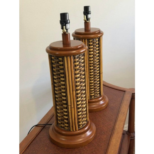 Vintage Bamboo and Woven Rattan Coastal Table Lamps - a Pair For Sale In Los Angeles - Image 6 of 11