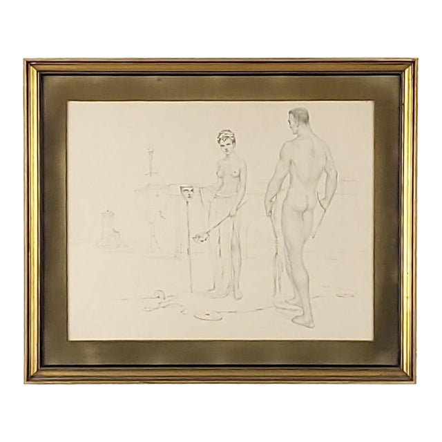 Pencil Drawing of Man and Woman, Circa 1950s For Sale