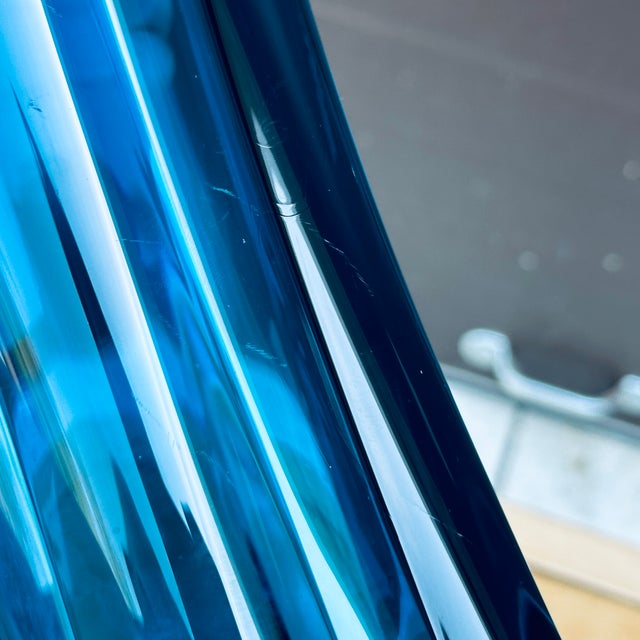 Mid-Century Modern Blue Ruffled Rim 14" Tall Blown Glass Vase For Sale - Image 9 of 11