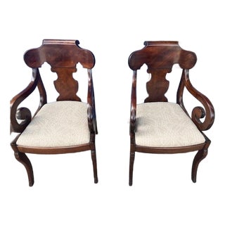 Pair of Antique Mahogany American Scroll Armchairs For Sale
