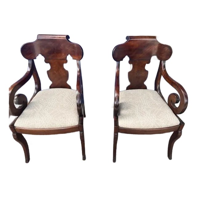 Pair of Antique Mahogany American Scroll Armchairs For Sale