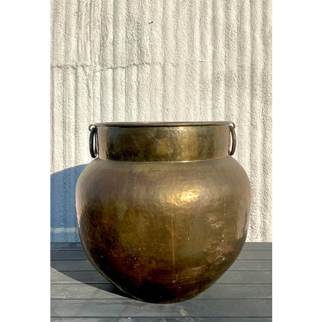 Vintage Boho Monumental Hammered Brass Rings Urn For Sale - Image 4 of 11