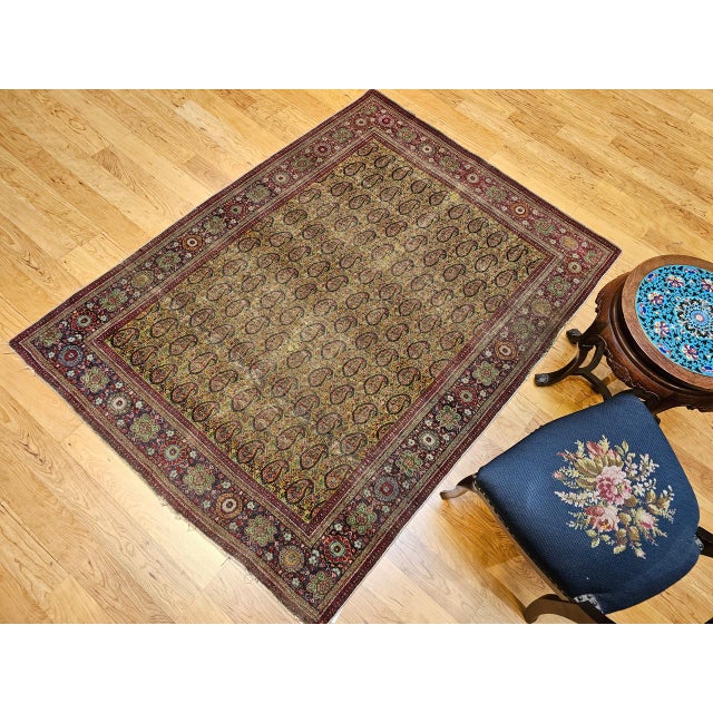 Vintage Persian Tabriz Rug, Hand-Knotted Wool, Allover Paisley Pattern, Chartreuse & Red, 5x6 For Sale In Chicago - Image 6 of 15