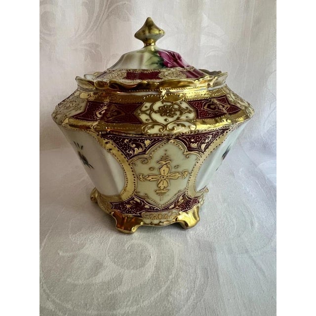 Antique Nippon Morimura Floral Moriage Biscuit Jar, Gold & Mauve For Sale - Image 12 of 15