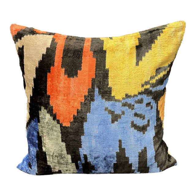 Turkish Modern Blue Multicolor Velvet Silk Ikat Pillow Cover For Sale