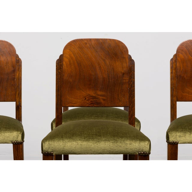 Art Deco Set of 6 French Art Deco Walnut Dining Chairs in Olive Green Velvet, 1930s For Sale - Image 3 of 18