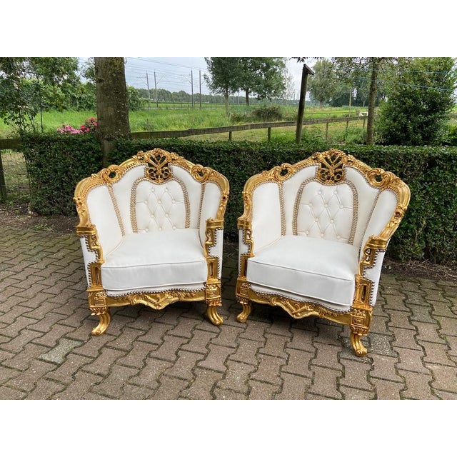 1950s French Louis XVI Gold Leather Wood Bergere Chairs Pair For Sale - Image 4 of 9