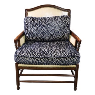 Antique Mahogany Club Chair W Clarence House Blue Cheetah Velvet For Sale