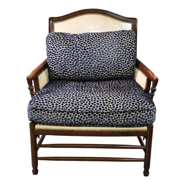 Antique Mahogany Club Chair W Clarence House Blue Cheetah Velvet For Sale