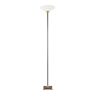 1980s Tall Burgundy Iron Torchiere Floor Lamp | Mottled Glass Shade For Sale