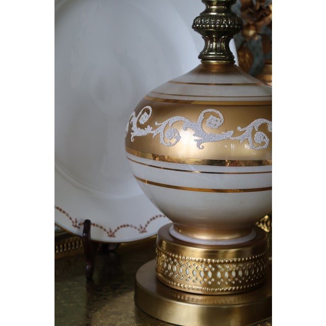 Vintage Hollywood Regency Gold and White Satin Glass Table Lamp For Sale - Image 4 of 18