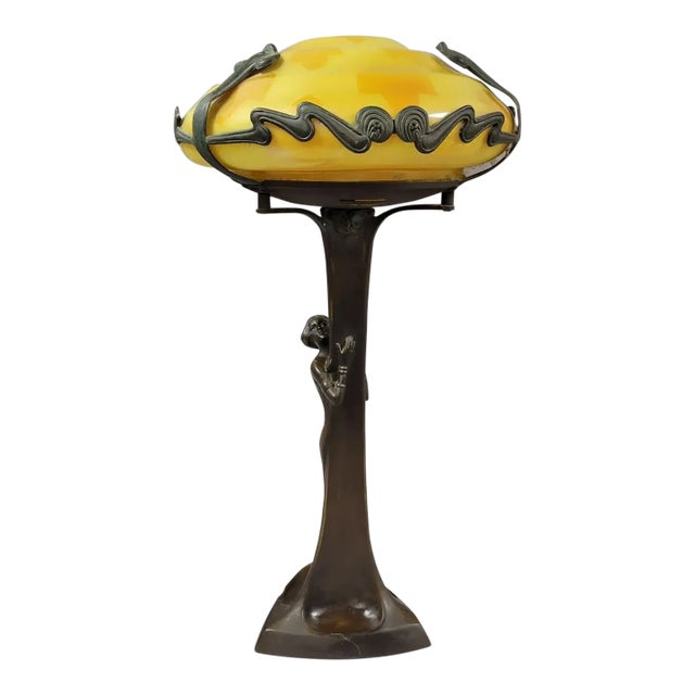After Gustav Gurschner Art Nouveau Bronze Table Lamp With Loetz-Style Glass Shade, C. 1960s–70s For Sale