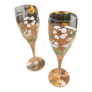 1980s Perrier Jouet Pink & White Floral and Green Leaves Fluted Champagne Glasses- Set of 2
