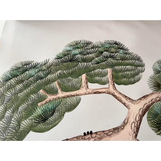 Not Yet Made - Made To Order Beige Pine & Crane Chinoiserie Mural | 6-Panel Hand-Painted Wallpaper For Sale - Image 5 of 5
