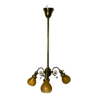 Late 19th Century Victorian 3 Light Fixture With Etched Amber Glass Shades in Polished Brass #2451 For Sale