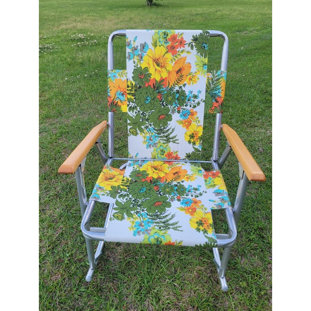 Mid 20th Century MCM Telescope Folding Furniture Floral Aluminum Rocker For Sale - Image 5 of 12