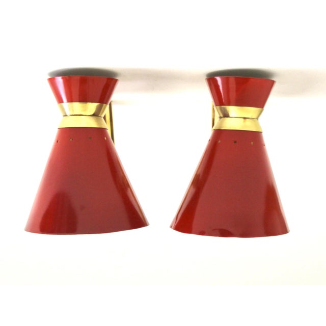 Gold Red Diabolo Articulated Wall Lights attributed to Rene Mathieu for Lunel, 1950s, Set of 2 For Sale - Image 8 of 9