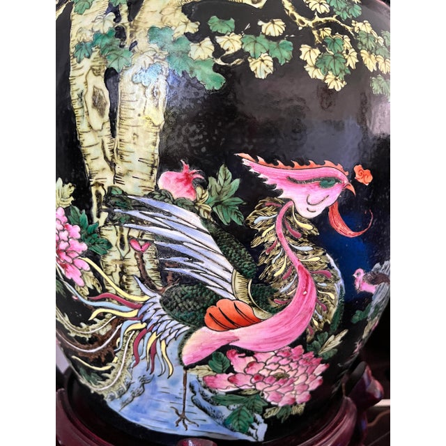 Antique Nyonya Straits Chinese Porcelain Planters, Jardinieres, Famille Noire Black With Goldfish & Phoenix Birds, a Pair, Rosewood Stands, For Sale - Image 9 of 12