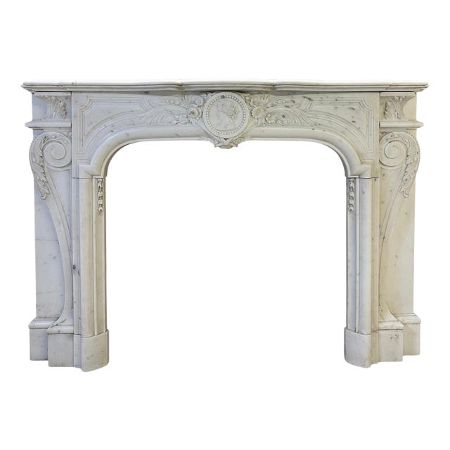 Louis XIV French Statuary White Marble Fireplace Mantel, 1850s For Sale